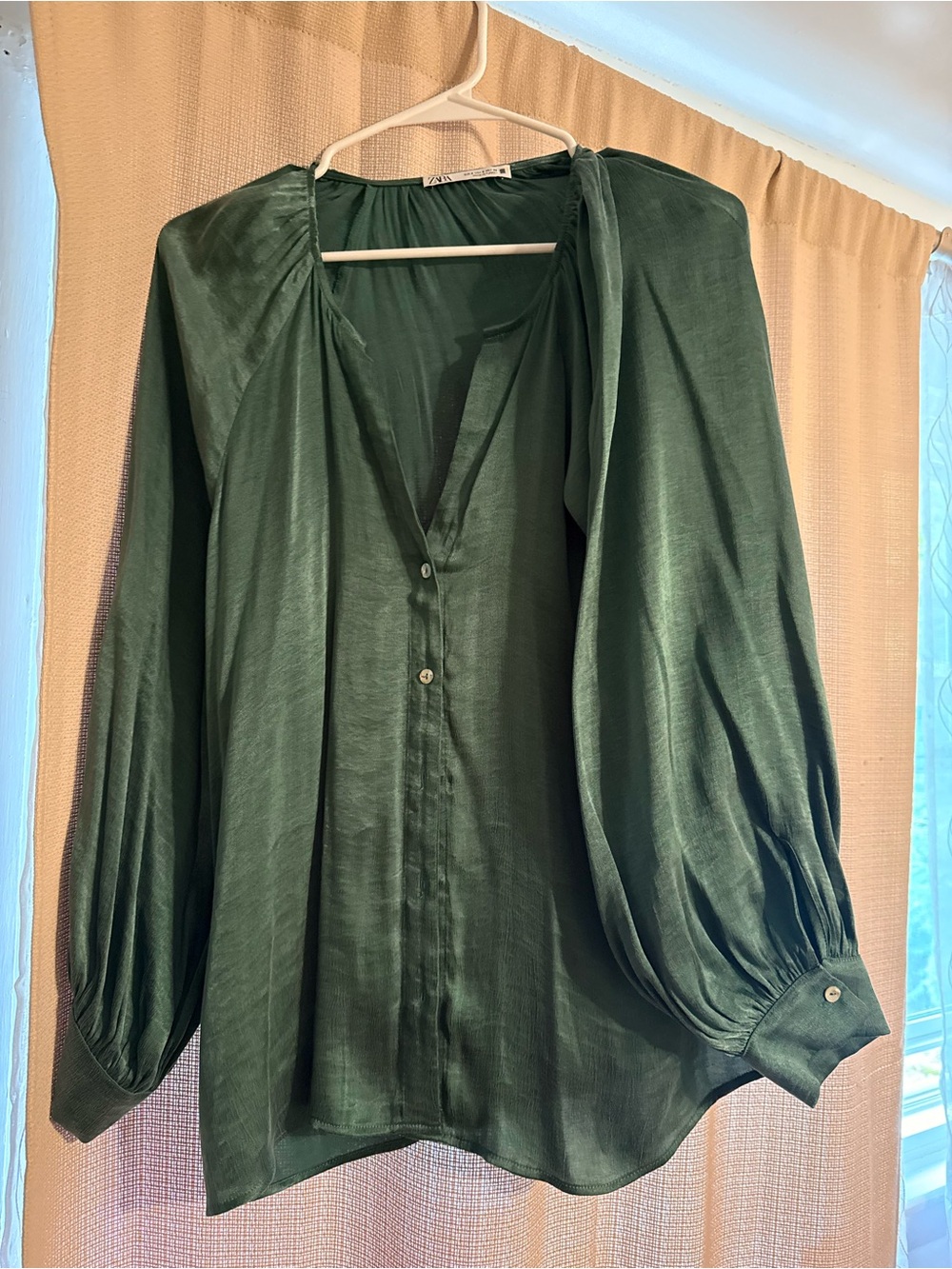 ZARA Dark Green Satin Balloon-Sleeve Button-Down Blouse